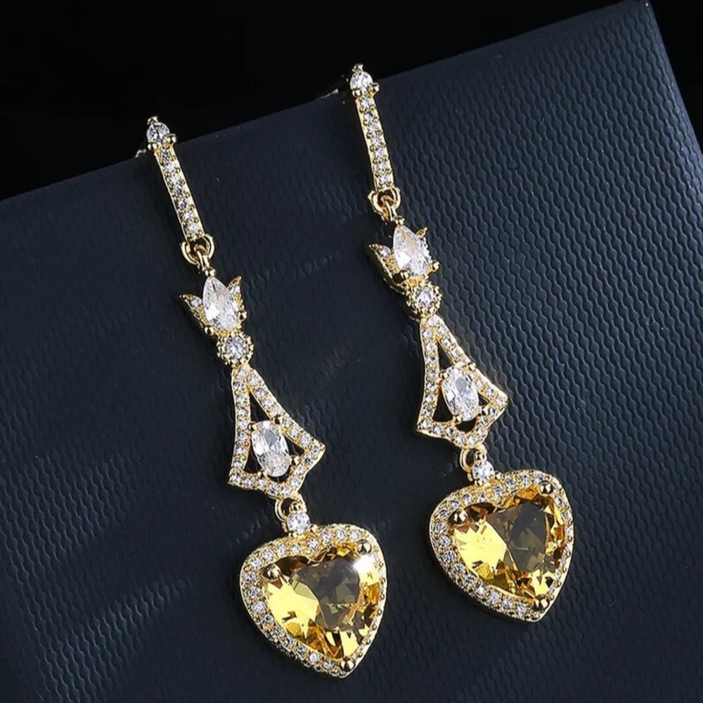 New 18k Yellow Gold Plated 925 Silver White Sapphire Citrine Heart Drops - Picture 4 of 5